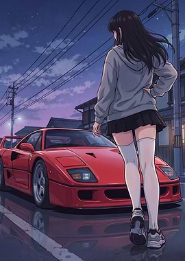 Anime Girl with Red Ferrari