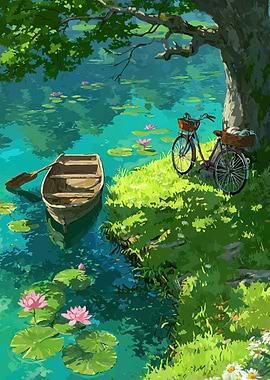 Tranquil Lakeside Scene with Boat and Bicycles