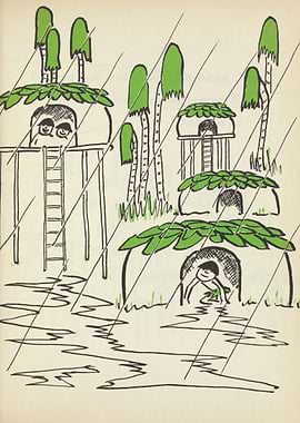Children in huts during a rainstorm