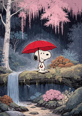 Snoopy with Red Umbrella in Rain