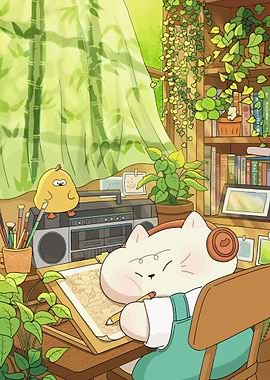 Cat Drawing with Chick and Boombox