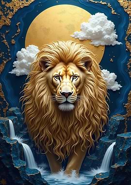 Majestic Lion in a Celestial Waterfall