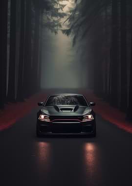 Dark Car in Foggy Forest