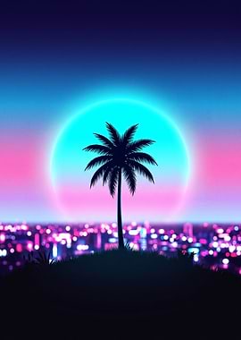 Retro Sunset Palm Tree Cityscape