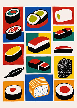 Colorful Sushi and Maki Illustration