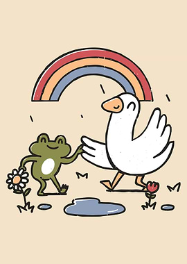 Frog and Goose Poster, Cute Rainbow Animal Wall Art, Whimsical Nature Illustration Print
