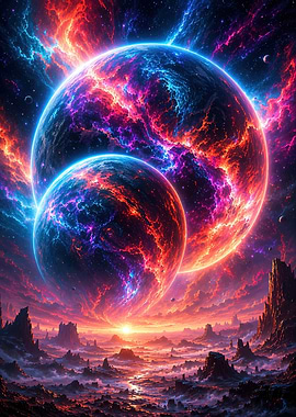 Cosmic Landscape with Planets and Nebula