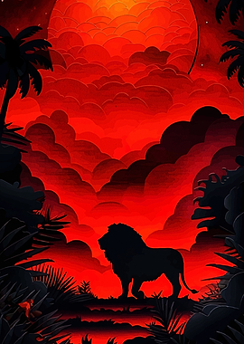 Lion Silhouette Against Fiery Sunset