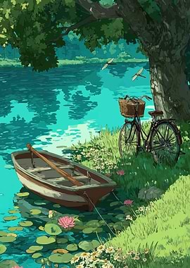 Tranquil Lakeside Scene with Boat and Bicycle