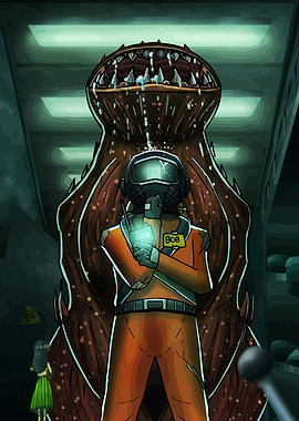 Bob the astronaut facing a monster