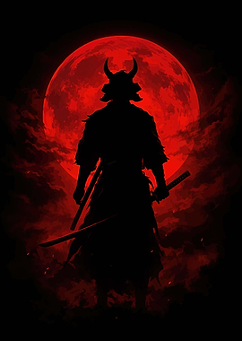 Samurai Silhouette Under a Blood Moon