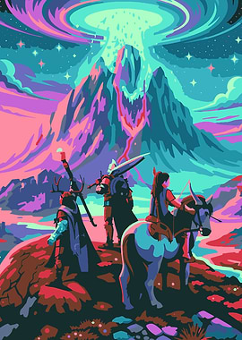 Fantasy Adventurers Facing a Cosmic Mountain