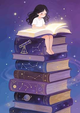 Girl reading on a stack of space books