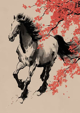 Ink Horse Running Under Cherry Blossoms