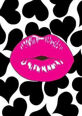 Pink Lips with Black Hearts Pattern