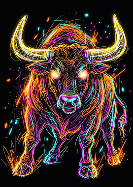 Powerful Standing Neon Bull Art
