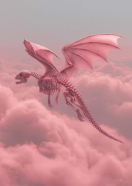Pink Dragon Skeleton Flying Through Clouds