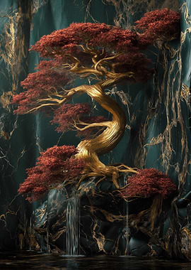 Golden Bonsai Tree with Waterfall