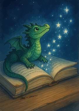 Baby Dragon Reading a Magical Book