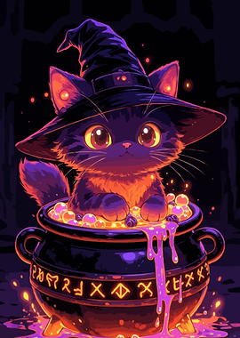Cute Witch Cat in Cauldron