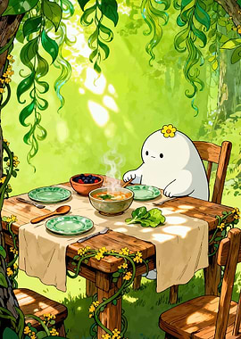 Cute character eating soup in forest