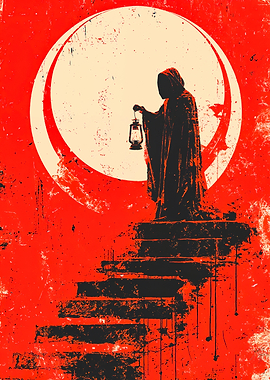 Hooded Figure Stairs Red Moon