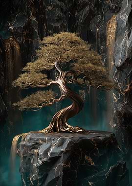 Golden Bonsai Tree on Rocky Outcrop