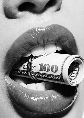 Woman's lips holding a rolled up $100 bill