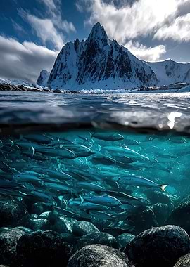 Underwater School of Fish Below Snowy Mountains