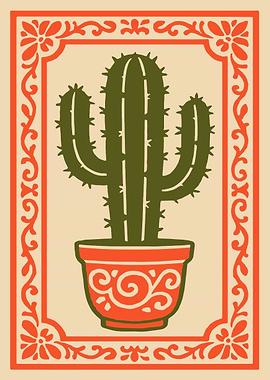Potted Cactus with Decorative Border