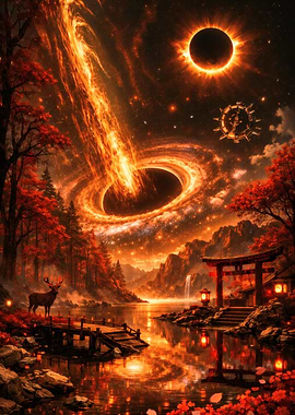 Cosmic Eclipse Over Japanese Landscape