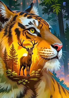 Tiger and Deer in Forest Sunset