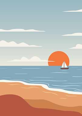 Minimalist Sunset Sailboat Beach Scene
