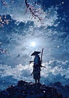 Samurai Under the Moonlit Cherry Blossoms