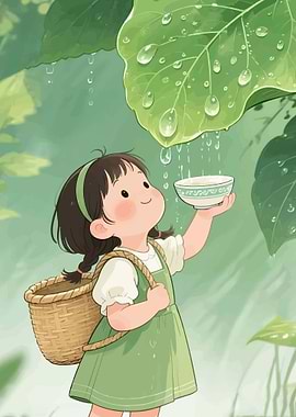 Girl Collecting Rainwater in a Bowl