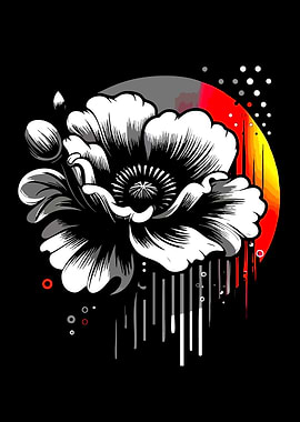 Black and White Poppy with Red and Yellow Sun