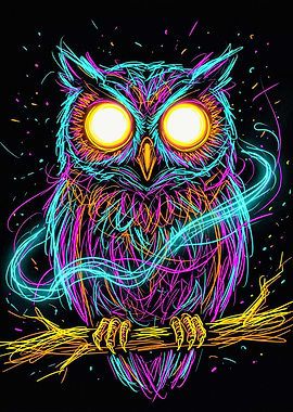 Electric Neon Owl On Branch