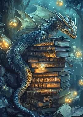 Dragon Resting on Stack of Books