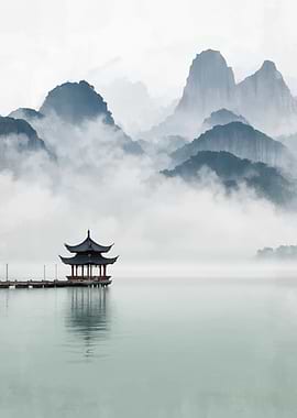 Misty Mountains and Pagoda by the Lake