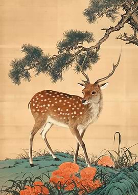 Deer under pine tree with mushrooms