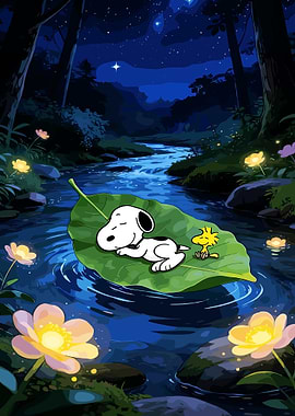 Snoopy and Woodstock sleeping on a leaf