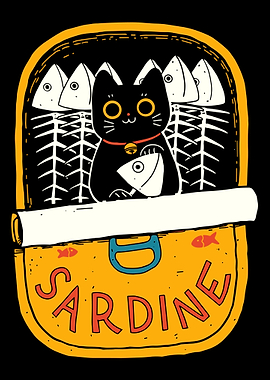 Sardine Cat Poster, Funny Black Cat Fish Art, Cute Whimsical Wall Print