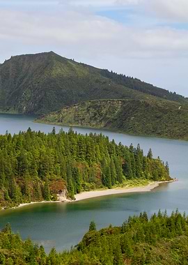 Volcanic Lake and Lush Green Hills with Pine Trees, Lagoa de Foa, Azores A
