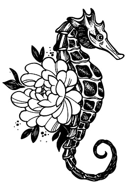 Seahorse and Flower Tattoo Design