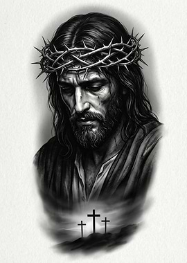 Jesus Christ with Crown of Thorns and Crosses