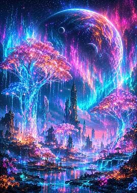 Alien Planet Landscape with Aurora