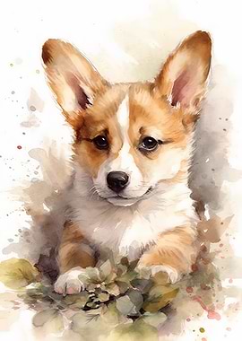 Watercolor Corgi Puppy Portrait