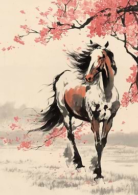 Horse Running Under Cherry Blossoms