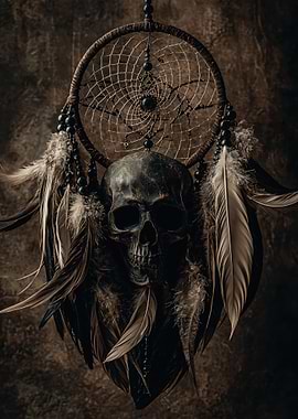 Gothic Dreamcatcher with Skull and Feathers