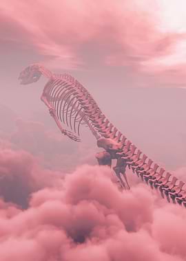 Dinosaur Skeleton in Pink Clouds